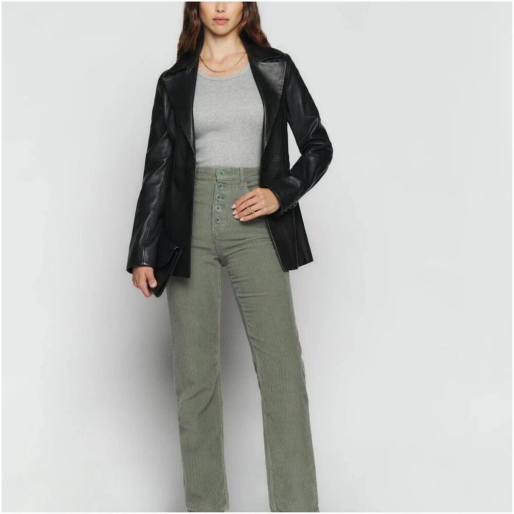 Reformation Sage Green Corduroy Pants Button Front Straight Leg Casual Pants